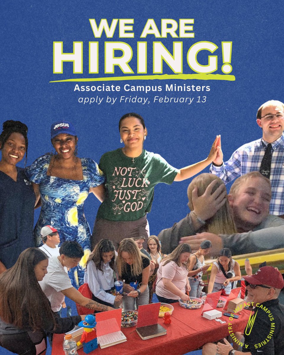 impacttheu's tweet photo. It's more than a job—it’s a calling!

Impact Campus Ministries is hiring Associate Campus Ministers to serve on campuses nationwide. If God has placed a passion for college students on your heart, we’d love to talk!

Visit https://t.co/5FPQ3Pp1dX.

#impactcampusministries https://t.co/z9PQIHLJPG