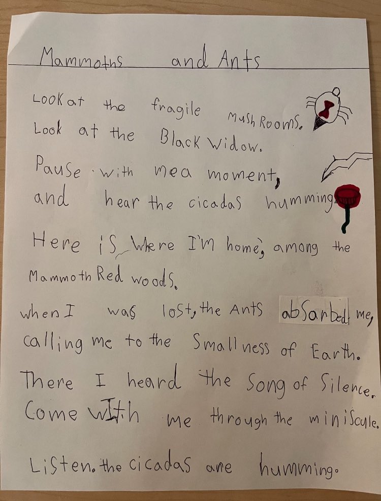 Joseph_Fasano_'s tweet image. When the world gets impossible, I think of this.

A teacher wrote to me, "I gave one of my 2nd-grade students your nature poetry prompt. He's reluctant to write because of challenges...I told him just to write and we’d sort out the spelling later. This is what he wrote."