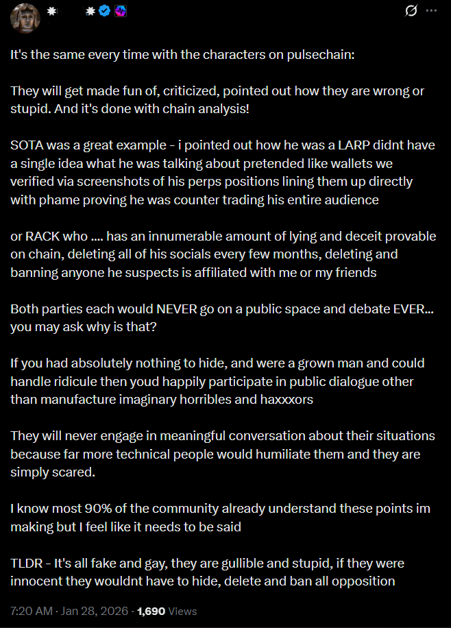 Sota was a great example - 

1. You mean when I pointed out your suspicious trading activity around ever exploit or how you fantasize over grooming children? 

2. Exposing your friend Elijah Christian Peck's criminal past or Gibson Silew?

3. Giving the community consistent and
