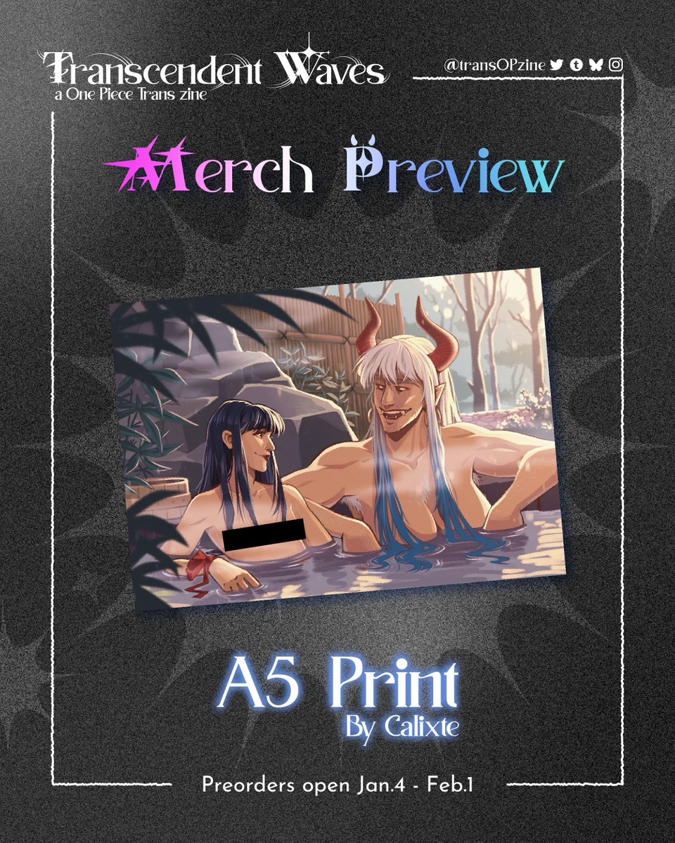 transOPzine's tweet photo. 🏳️‍⚧️🌊MERCH HIGHLIGHT🌊🏳️‍⚧️

Worn out from your day? Treat yourself to a hot bath with our favorite Wano warriors in this steamy print by Calixte! Available in both of our merch bundles! 

Preorders open until Feb 1st! https://t.co/OgurhcADDY