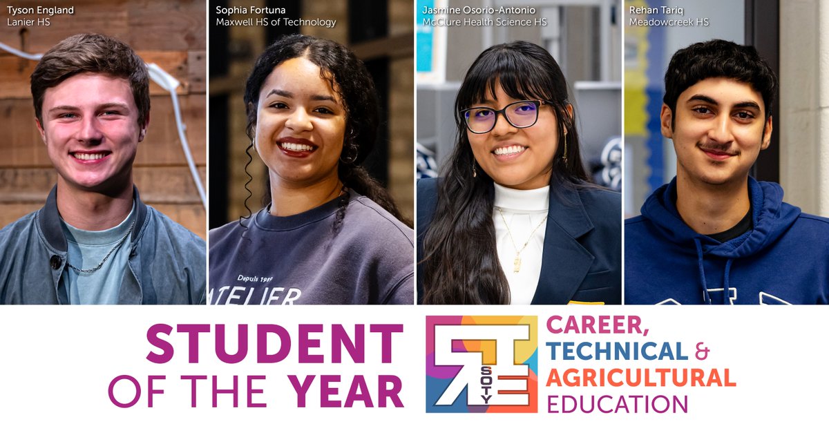GwinnettSchools's tweet photo. We're honoring @GCPSCTE students of the year! Today, celebrate Tyson England of Lanier HS, Sophia Fortuna of Maxwell HS of Technology, Jasmine Osorio-Antonio of McClure Health Science HS, and Rehan Tariq of Meadowcreek HS.
#ExploreYourFuture: https://t.co/i4GWSVFTbZ https://t.co/OMEswCt2Jg