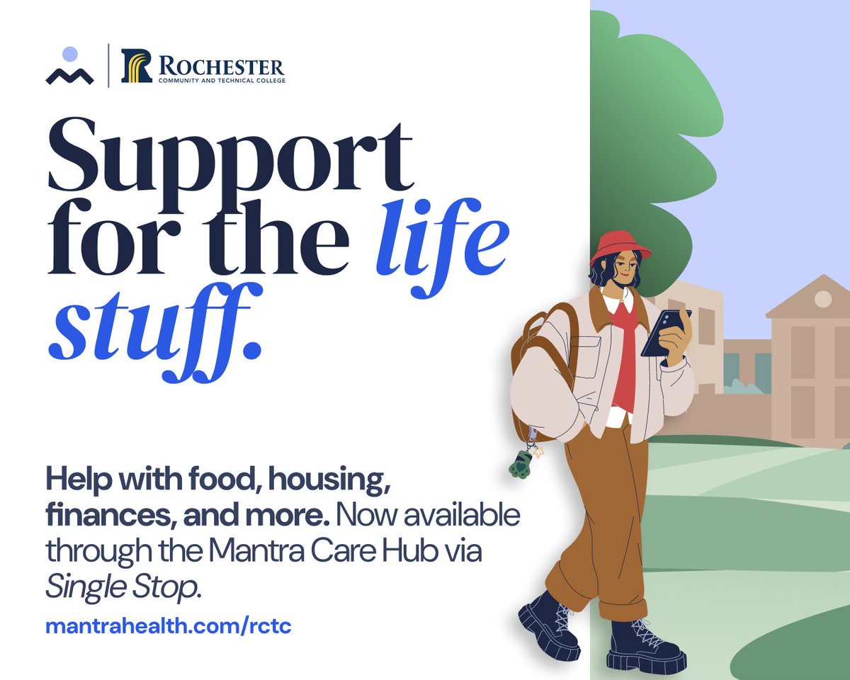 RochesterCTC's tweet image. Focus on your degree. Let us help with the rest. ✨ Check out “Single Stop via The Mantra Care Hub” for student support at mantrahealth.com/rctc.
#getconnected #StudentSuccess #singlestop #StudentSupport #lifestuff #adulting