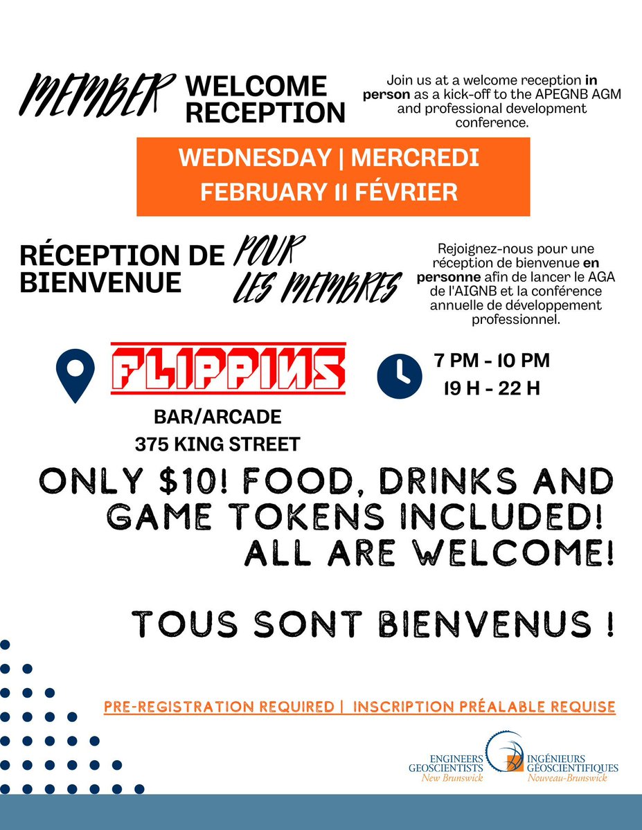 Attending the APEGNB Provincial PD Conference/AGM in Fredericton? Add on the Member Welcome Reception at Flippins (375 King St). Wed Feb 11, 7–10 PM. Spots are limited—pre-registration required: 2026APEGNBConference.eventbrite.ca
