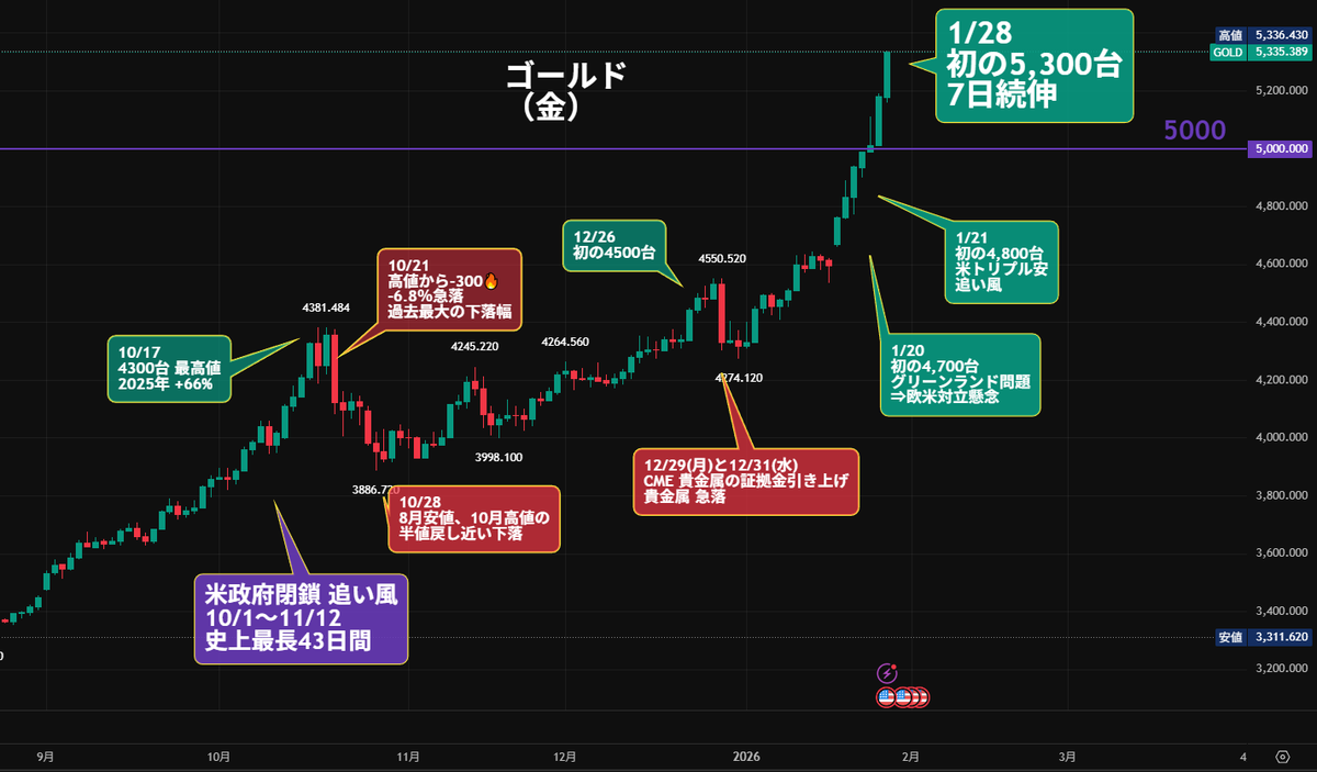 ゴールド 金価格⤴️「めちゃくちゃ強いな」時を戻したい😳 5,300ドル台 7日続伸