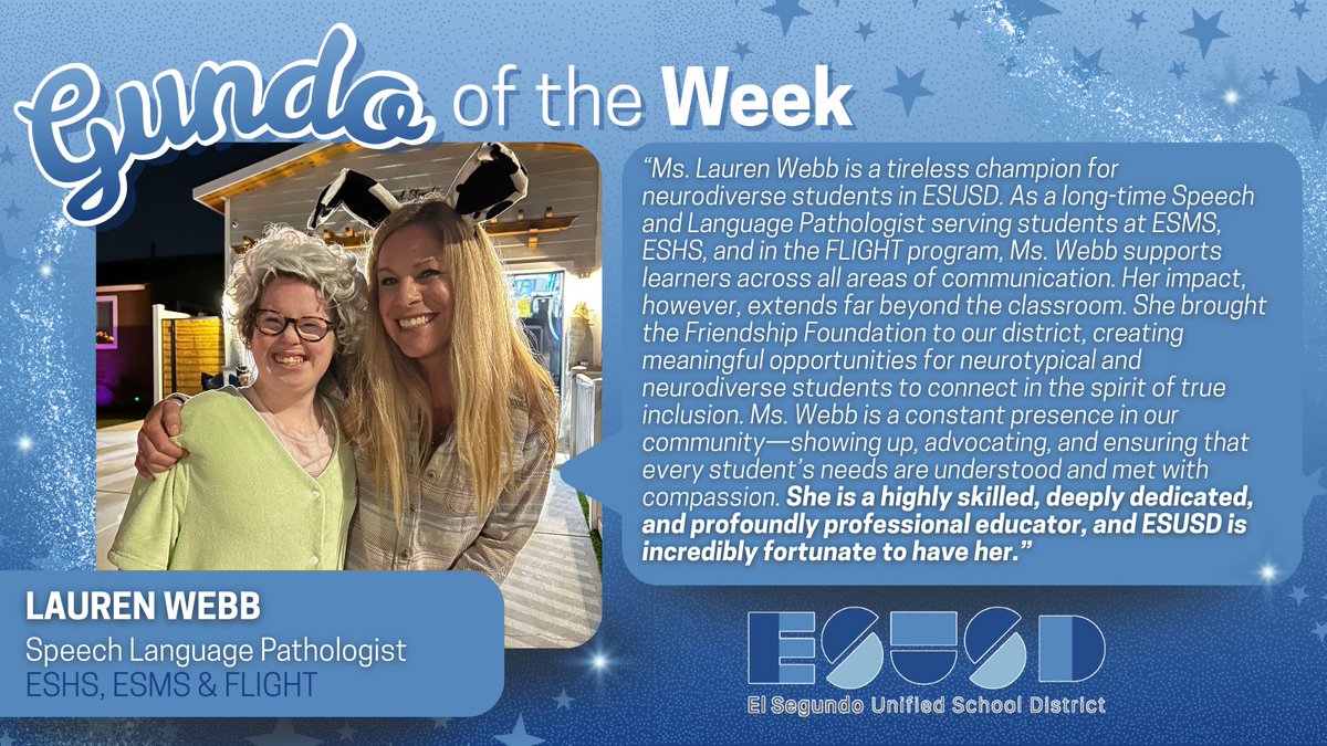 ElSegundoUSD's tweet photo. This week’s Gundo of the Week is Lauren Webb, a speech language pathologist for ESHS, ESMS, and FLIGHT! Thank you, Lauren, for being a part of Team Gundo! 👏 #ESUSD https://t.co/EoGWwOTjOx