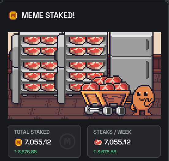 Versalsky's tweet photo. Just staked $MEME and I’m earning 🥩 on @Stakeland https://t.co/zCEb2fJXCz