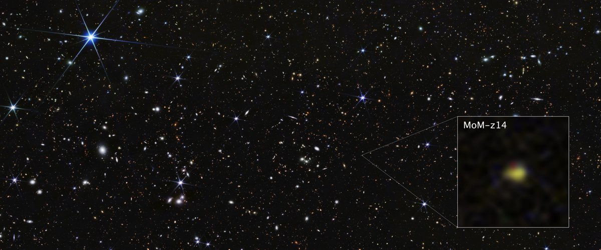 Meet our current record holder for farthest galaxy ever seen (so far!!)

MoM-z14 may look like a little yellow smudge here, but it's our first view of a galaxy that existed just 280 million years after the big bang!

go.nasa.gov/4t6WWE1