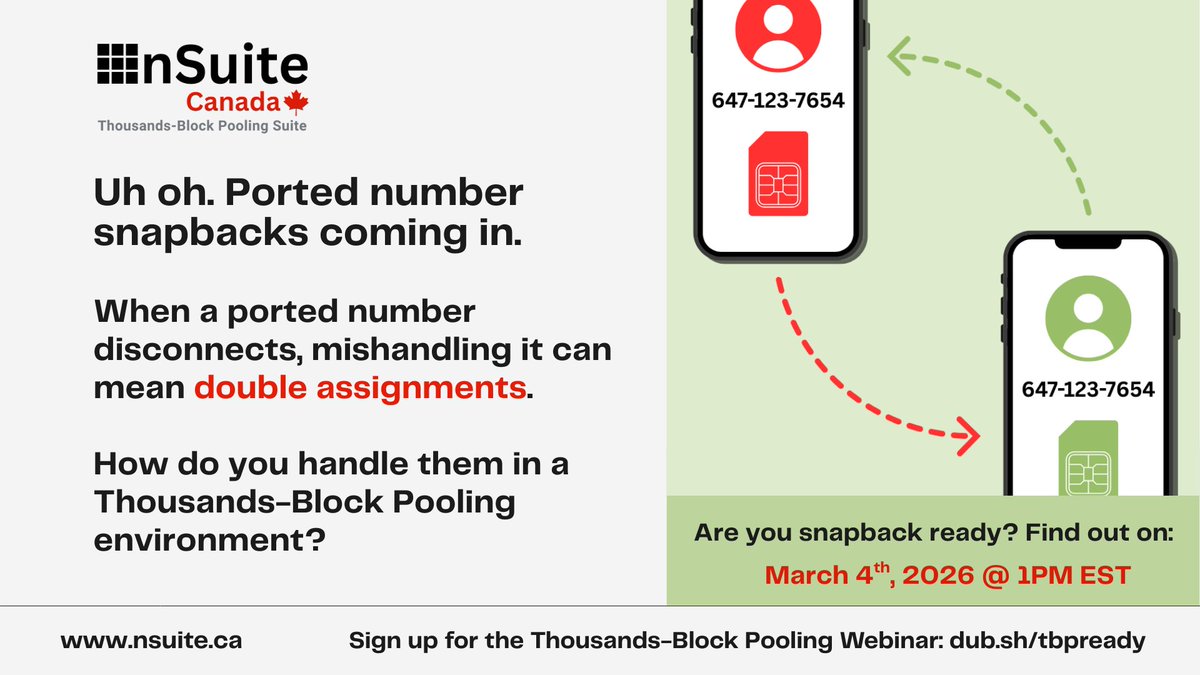 comsolve's tweet photo. Are you ready for snapback in a Thousands-Block Pooling environment?

nSuite Canada in conjunction with your SOA can automatically process snapback messages with the proper treatment in a TBP environment. Learn more: https://t.co/kUz9fncpv7

#tbp #snapback #TNinventory #nsuite https://t.co/7Ig7JHDHef