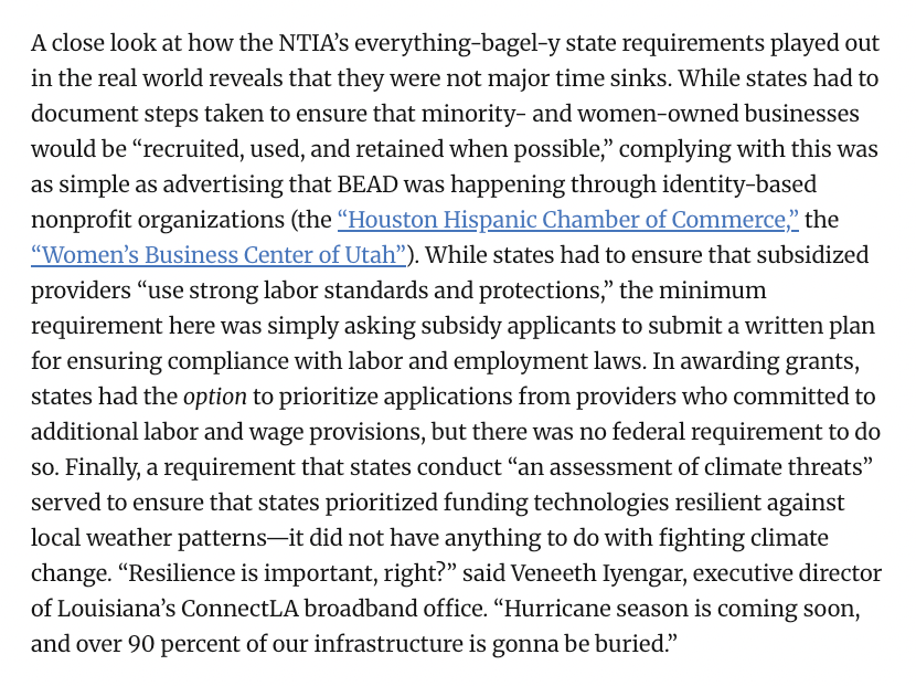 klowmn's tweet photo. Finally, “everything bagel” or “woke” regulations did not derail BEAD. State officials I interviewed uniformly dismissed this argument.

As it turns out, administering a broadband program of BEAD’s scale is complex, highly technical business. https://t.co/I9lljFQhnC