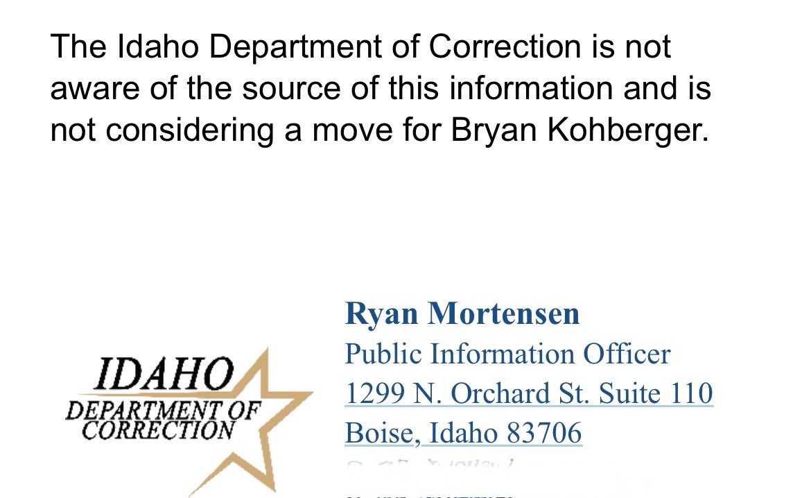 kfixler's tweet image. The @DailyMail's @Rachel_c_sharp, citing @Theinterviewro podcast host Chris McDonough, reports that #Idaho's prison system is eyeing a move of #BryanKohberger out of state, basically because he's become an annoyance. The state prison system tells me: Fat chance #Idaho4