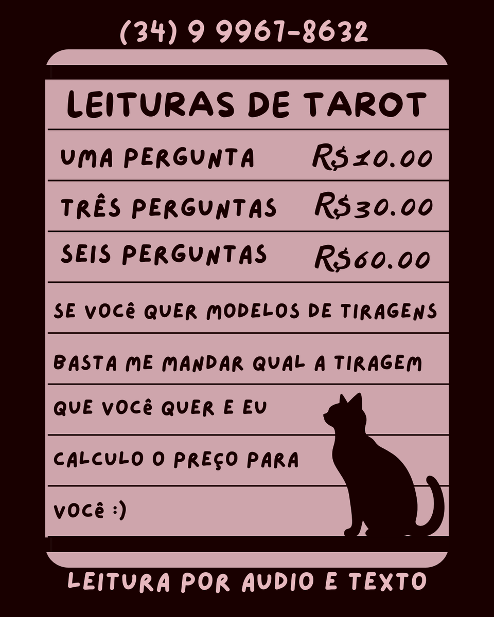 taina_scarlima's tweet photo. Olá! Eu sou Moonu (..◜ᴗ◝..) 
Estou no meio da bruxaria faz 4 anos e espero poder te ajudar com minhas tiragens de tarot e trabalhos espirituais!
As informações de cada trabalho e tiragem que faço está nas fotos abaixo. 
ദ്ദി◝ ⩊ ◜.ᐟ https://t.co/jpryiG5x1b