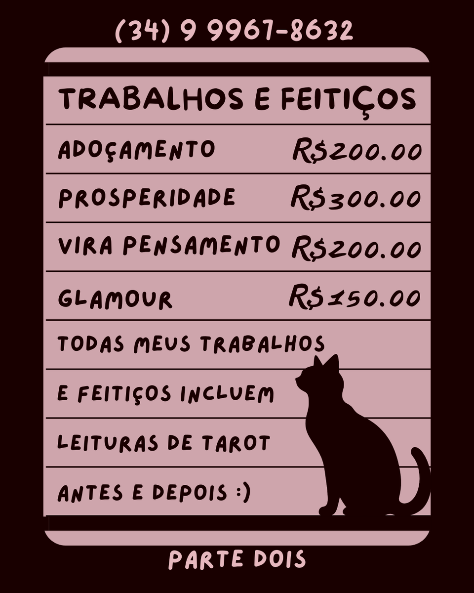 taina_scarlima's tweet photo. Olá! Eu sou Moonu (..◜ᴗ◝..) 
Estou no meio da bruxaria faz 4 anos e espero poder te ajudar com minhas tiragens de tarot e trabalhos espirituais!
As informações de cada trabalho e tiragem que faço está nas fotos abaixo. 
ദ്ദി◝ ⩊ ◜.ᐟ https://t.co/jpryiG5x1b