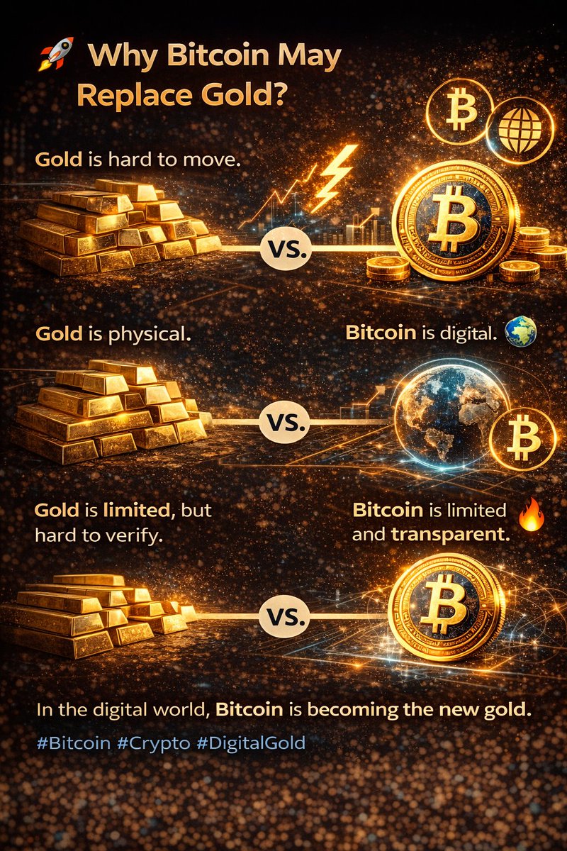 DefinixApp's tweet photo. ๐ Why Bitcoin may replace gold?
Gold is hard to move.
Bitcoin moves instantly. โก
Gold is physical.
Bitcoin is digital. ๐
Gold is limited, but hard to verify.
Bitcoin is limited and transparent. ๐ฅ
In the digital world, Bitcoin is becoming the new gold.
#Bitcoin #Crypto #DigitalGold #Definix