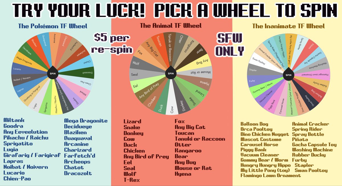 tf4me's tweet photo. 🌈Commissions are OPEN!🌈
Opening 3 slots for now!
$190 and you can pick one of the three wheels below to spin &amp; see what your fate will be…
Or $230 to pick exactly what you want from the 63 options listed.
If you’re interested please dm me with a ref and what you’d like! :D https://t.co/HmtcfPZ9MD