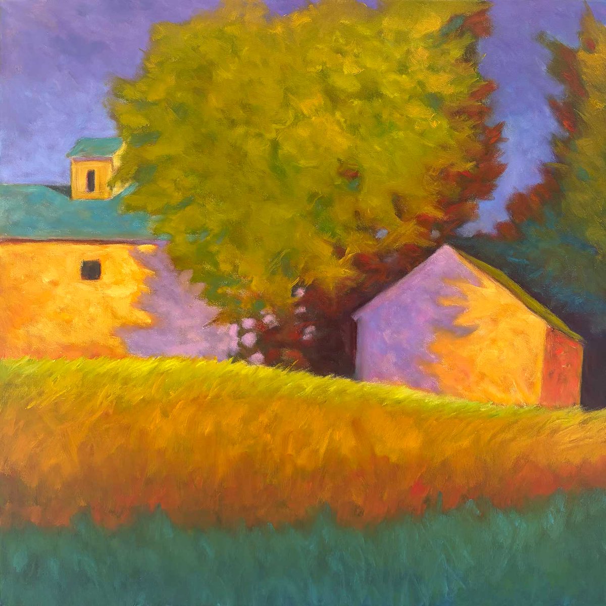 New piece based on an old farm, somewhere in Massachusetts, which I came across a few years ago. The mid afternoon sun gave the structures a gold glow and divided the scene with the large maple that seemed, somehow, to cast shade in both directions. “North Pasture” 36 x 36 o/c