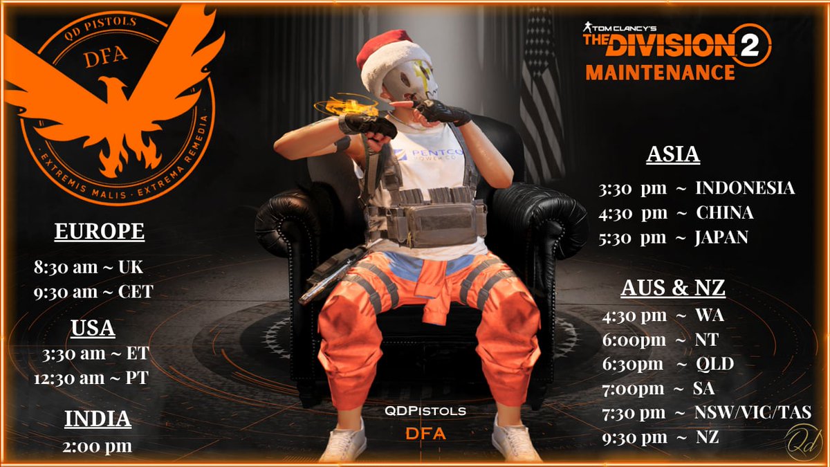 INCOMING MAINTENANCE!!

They'll be taking the servers down for a scheduled maintenance
 
🕗 Estimated downtime is 5 hours.
Times in the pic

ℹ️ Please note: The next few TU will temp deploy on Thursdays instead of Tuesdays.
#TheDivision2
Patch Notes: ubi.li/Y7S3-2-PatchNo…
