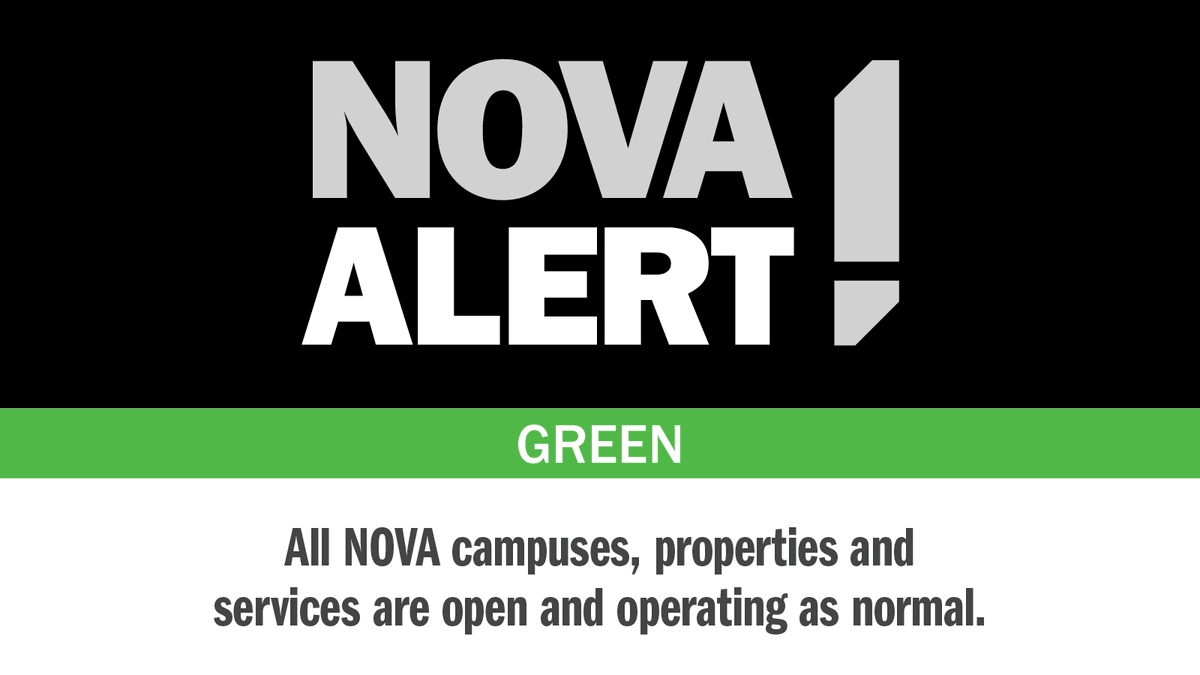 NOVAcommcollege's tweet photo. #NOVAAlert: Code GREEN: All campuses and services are open under normal operation on Thursday, January 29, 2026. https://t.co/A71lEsnjH4