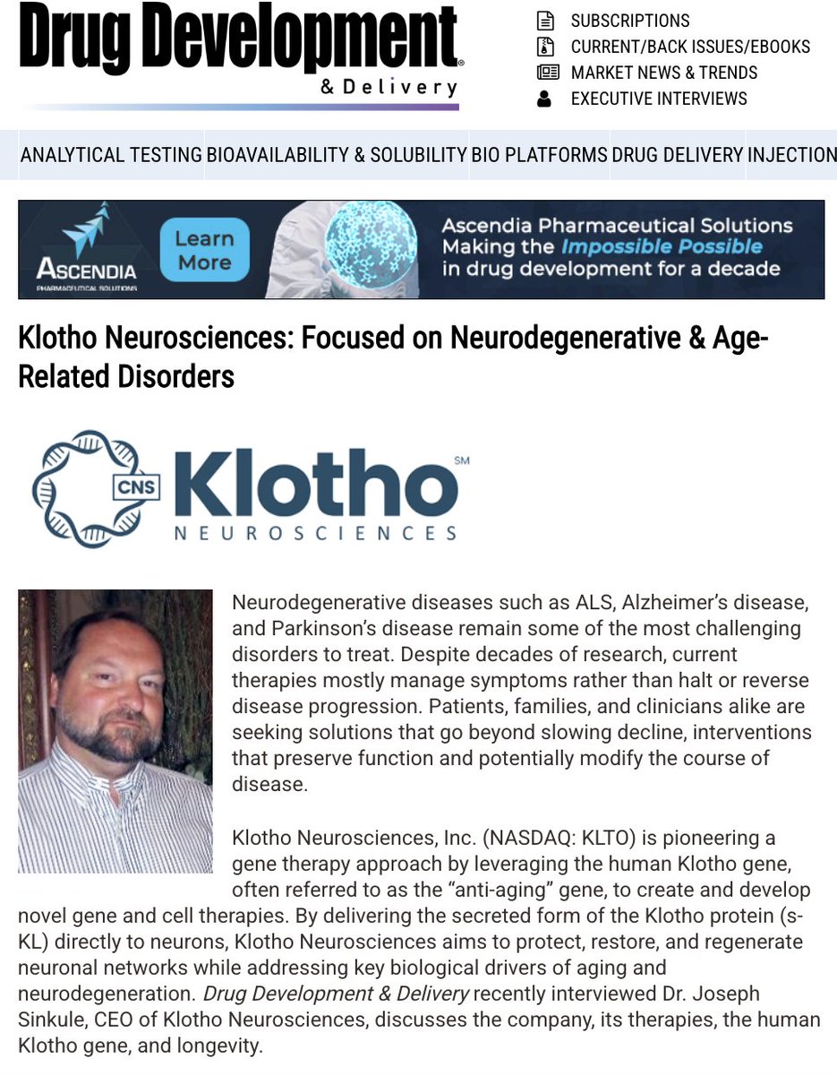 KlothoNeuroSci's tweet photo. In a new Drug Development & Delivery feature, $KLTO CEO, Joseph Sinkule, shares how the Company is advancing a #genetherapy approach to address #neurodegenerative and age-related disorders.
Read more: https://t.co/GyMMLeLEpn
#KLTO #ALS https://t.co/TsSMoMdlEb