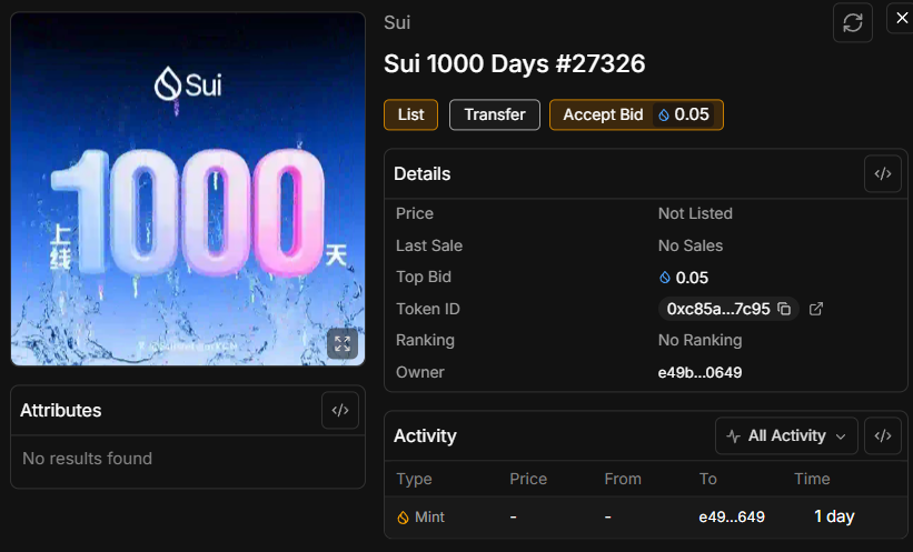 Ludmila_She's tweet photo. @SuiNetworkCN Congratulations to #SUI 🥳
My NFT #27326, and I first started using Sui in 2023.  #Sui1000Days https://t.co/I01ky5Eqwk