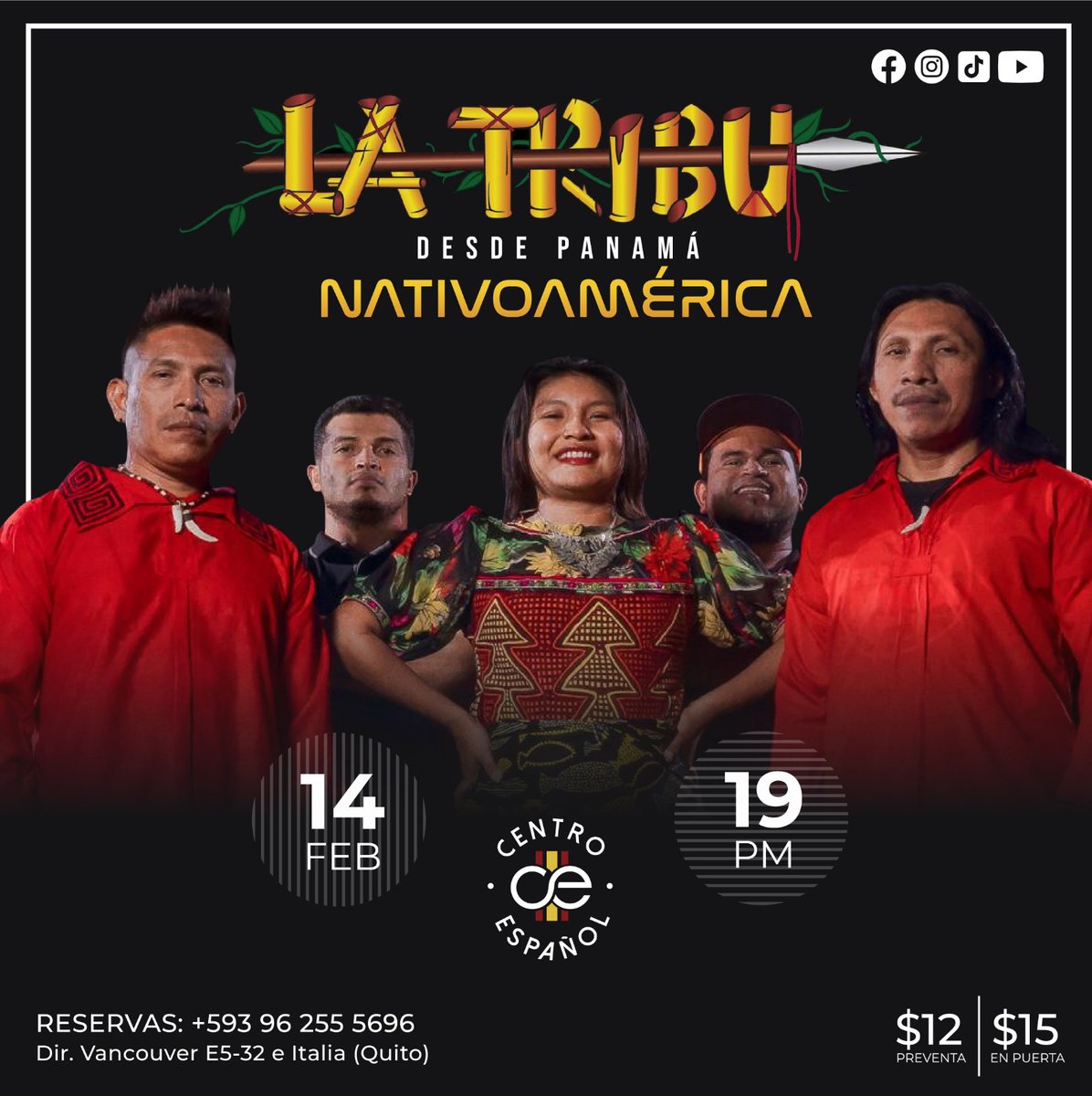 Este sábado 14 de febrero, ven con tu pareja o tus amigos a cantar y disfrutar de un concierto único, lleno de identidad junto a la banda La Tribu.

📍 Centro Español - Vancouver E5-32 e Italia.
🕖 19h00
🎟 Preventa $12 | En puerta $15

📲 Más info y reservas: +593 962 555 5696