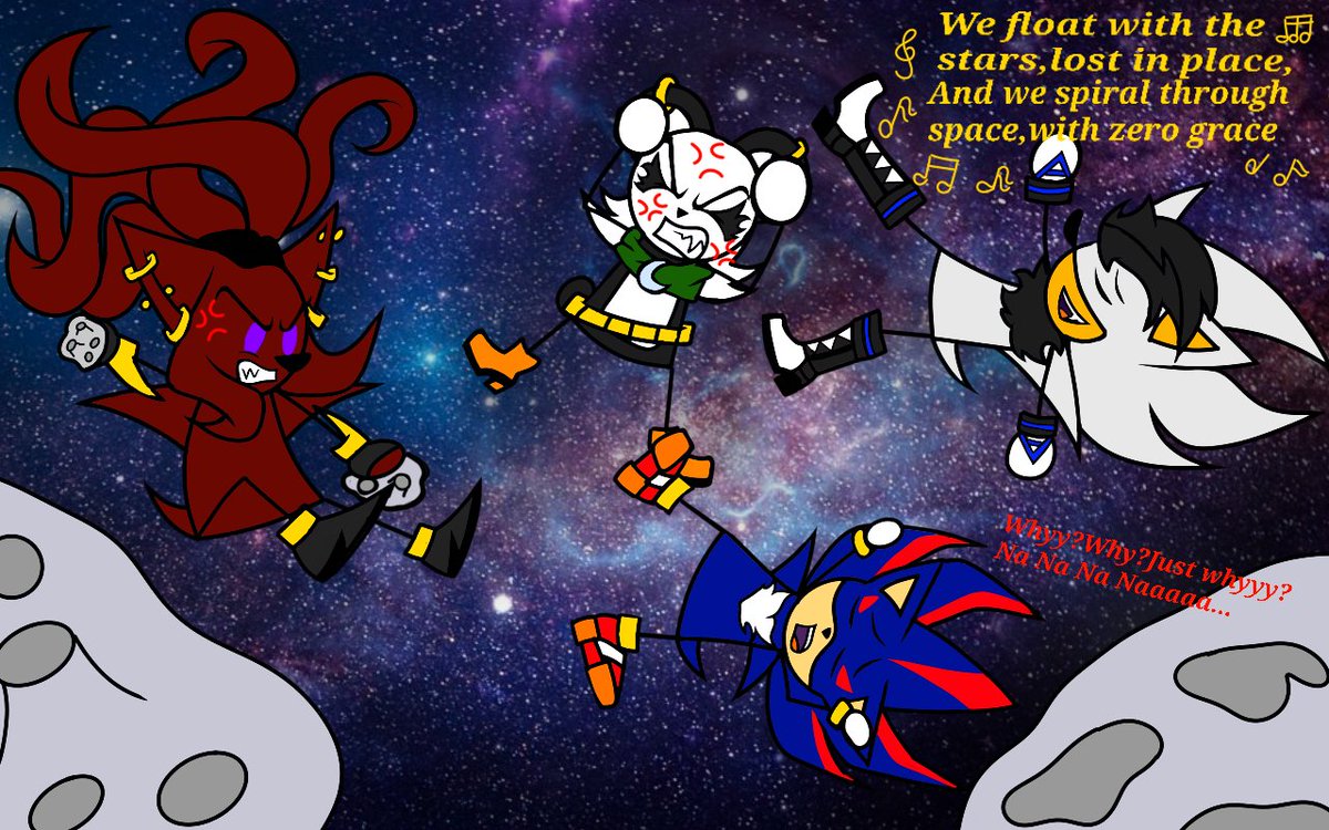 2005_lights's tweet photo. Lost in Galaxy 🪐🌌
Raienn sings about the situation🎶
Shadic joins in🎵
Boris annoyed by their concert🤬
And Grey wants to stop them from singing by throwing pieces of comet at them🪨
#fanart #sonicart #sonicartist #sonicau #Raienn #Boris #Grey #Shadic #galaxy #space https://t.co/tTtq0GchJ7