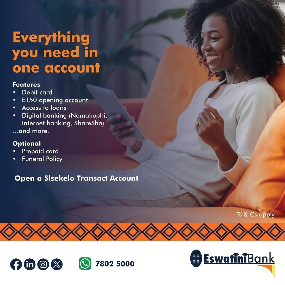 Open a Sisekelo Account for smarter banking. Manage your finances effortlessly with access to digital banking, loans, and more, all in one account. For assistance,
📞 2409 5000
📲 7802 5000
📧 callcenter@swazibank.co.sz
🔗 bit.ly/EBPersonalAcco… #EswatiniBank #LibhangeLesive