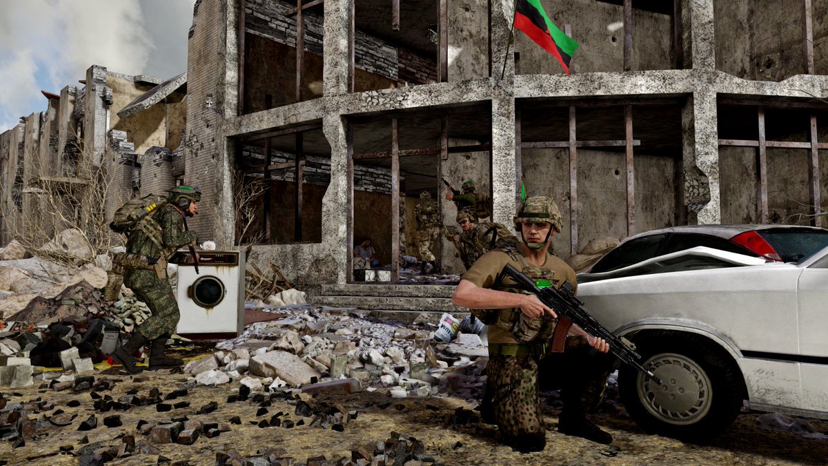 August 2024. 

CDF assault units clear the #Zelenogorks local government building.

This building was exchanged many times during the battle. Now only rubble remains.
#Chernarus 
#CDF 
#Arma3