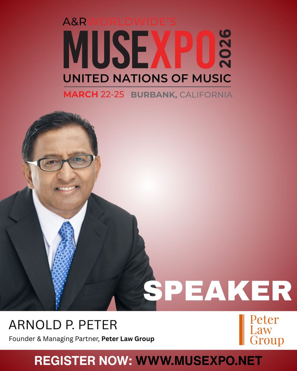 Congratulations to Arnold Peter, Founder &amp; Managing Partner of Peter Law Group, on receiving the MUSEXPO 2026 “Global Music, Media &amp; Entertainment Attorney Award” 

Arnold will be celebrated on his impact across music, media, and entertainment law. 

(Link in Bio to Register)