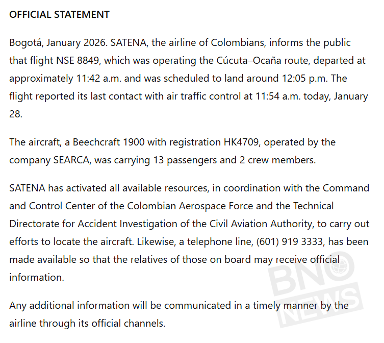 BREAKING: Satena Flight 8849 with 15 people on board disappears from radar near Cucuta, Colombia