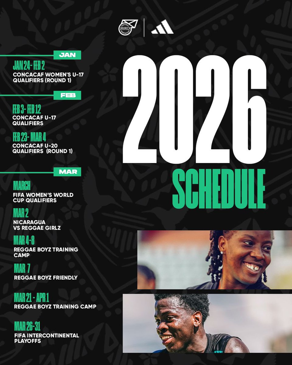 jff_football's tweet image. The path to 2026 is underway. 🇯🇲

With crucial qualifiers across youth and senior competitions, Jamaican football enters a year defined by preparation, performance, and progress.

Together, we move forward.

#JFF #RoadTo2026 #OneTeamOneVision #JamaicaFootball