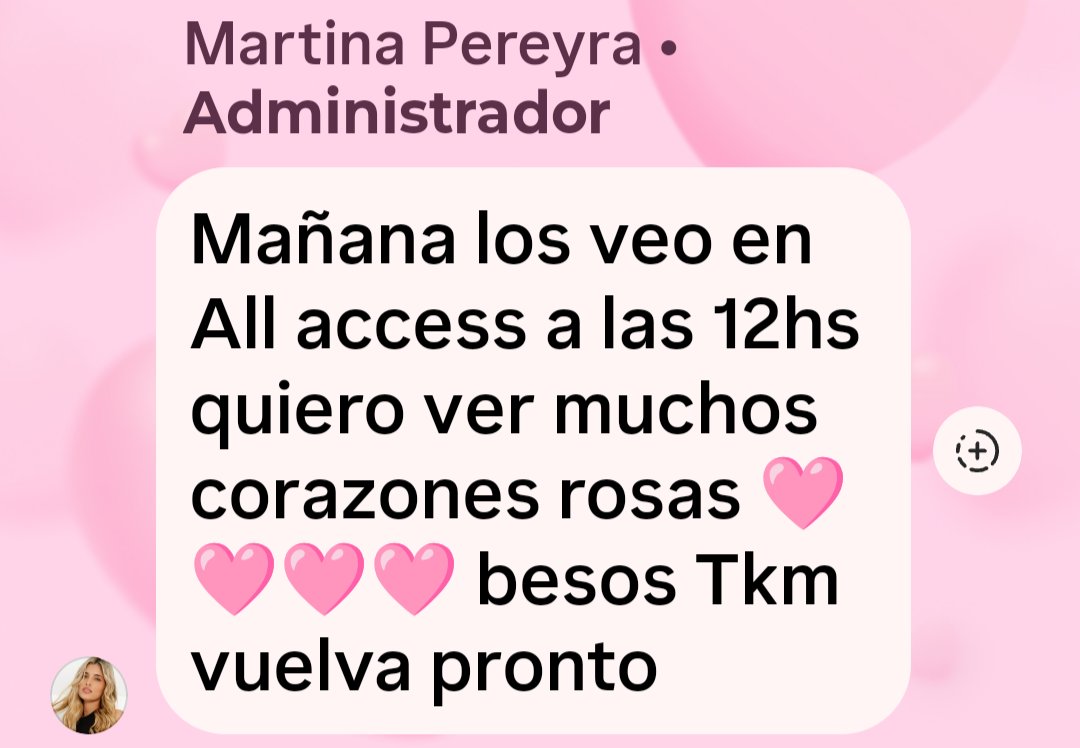 soyyoAmdrea's tweet photo. Hola! Mañana la 👑 #MartuPereyra va a estar en @DGO_Latam a las 12 en All Access, junto a @Catigorostidi_ y El Tucu. Ahí vamos a estar para acompañar, como nos pidió ella con muchos 🩷🩷🩷 .
 Atentos para saber cuáles son sus planes futuros. Te queremos Martu! https://t.co/zgplMCEnsl