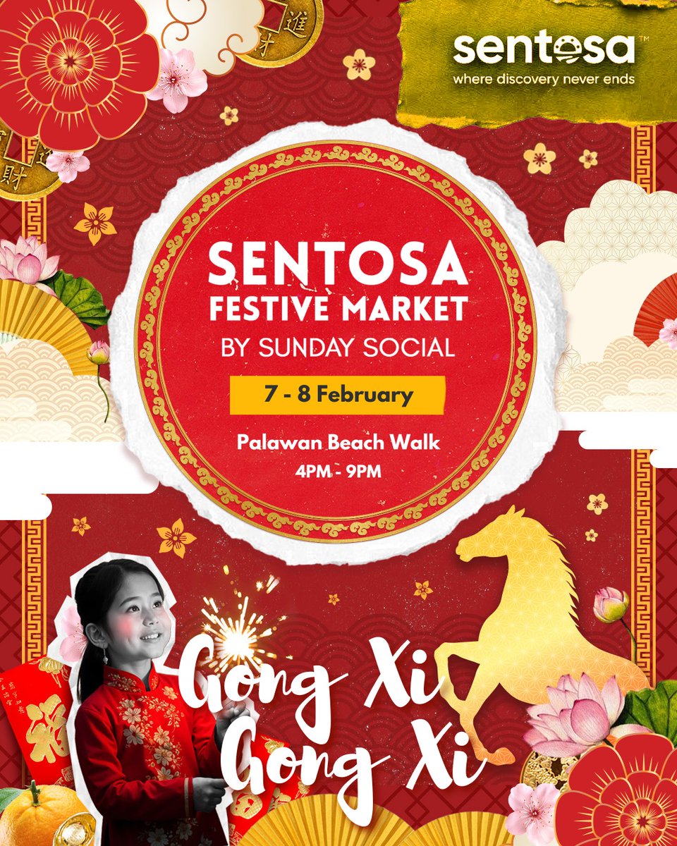expat_sg's tweet photo. SENTOSA FESTIVE MARKET - GONG XI GONG XI! 🧧

🗓️ 7 &amp; 8 Feb (Sat &amp; Sun) 
⏰ 4 PM – 9 PM 
📍 Palawan Beach Walk, Sentosa 
🎟️ FREE ENTRY | Pet Friendly
🔗 https://t.co/hKEITDSzCD https://t.co/QQNktmMD64