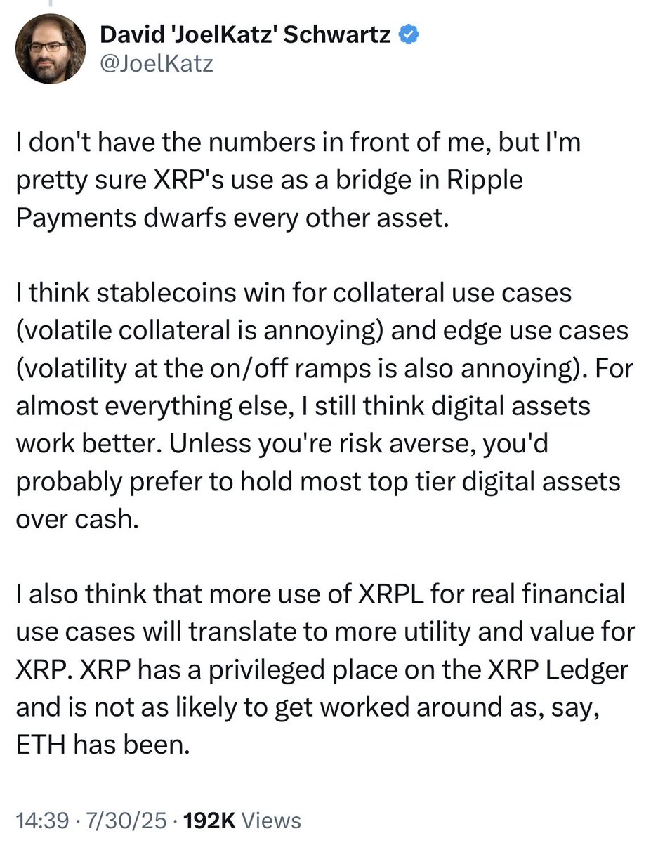 uptownsaul's tweet image. It doesn’t matter whether or not “they use XRP or stablecoins”…

All that matters is usage of the XRPL… everything else will take care of itself because of the ledger’s design.

David gave it all away here: