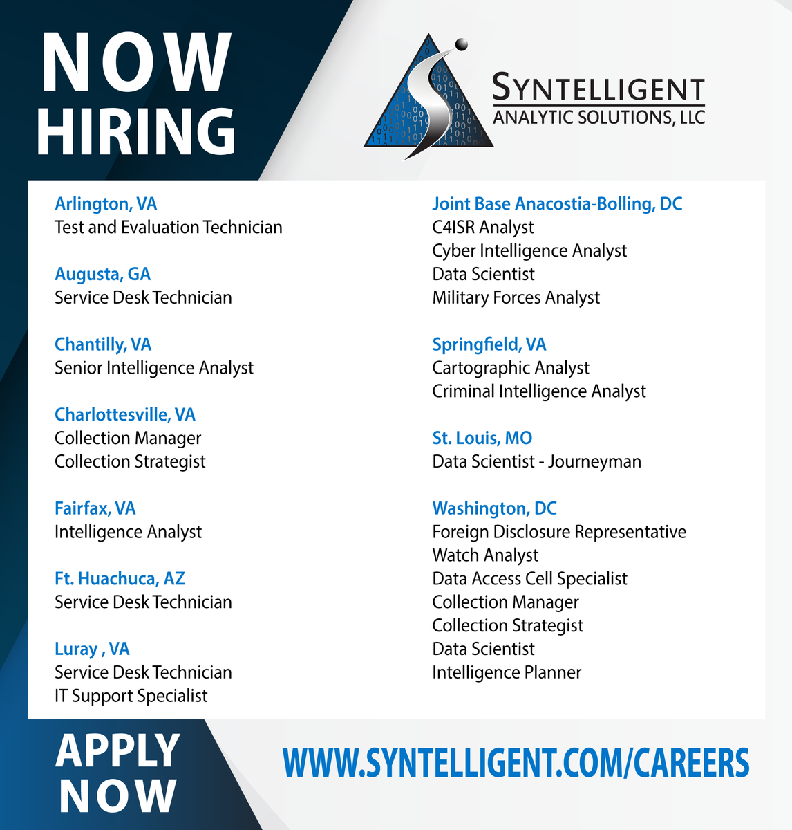 Syntelligent's tweet photo. 𝐒𝐘𝐍𝐓𝐄𝐋𝐋𝐈𝐆𝐄𝐍𝐓 𝐇𝐀𝐒 𝐓𝐇𝐄 𝐅𝐎𝐋𝐋𝐎𝐖𝐈𝐍𝐆 𝐉𝐎𝐁 𝐎𝐏𝐄𝐍𝐈𝐍𝐆𝐒!!!
To learn more or to apply now, click here:https://t.co/WKDdobGBiQ
#HiringNow https://t.co/jRRdhMnGYm