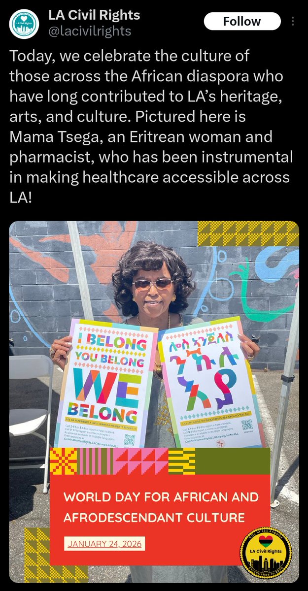 Eri_Diplomacy's tweet image. We proudly uplift Mama Tsega, an Eritrean pharmacist whose service has expanded healthcare access across Los Angeles while uplifting the Eritrean community. Her work bridges cultures and strengthens the African diaspora. 🇪🇷🤝🏾🇺🇸

Thank you @LACivilRights for honoring her impact.