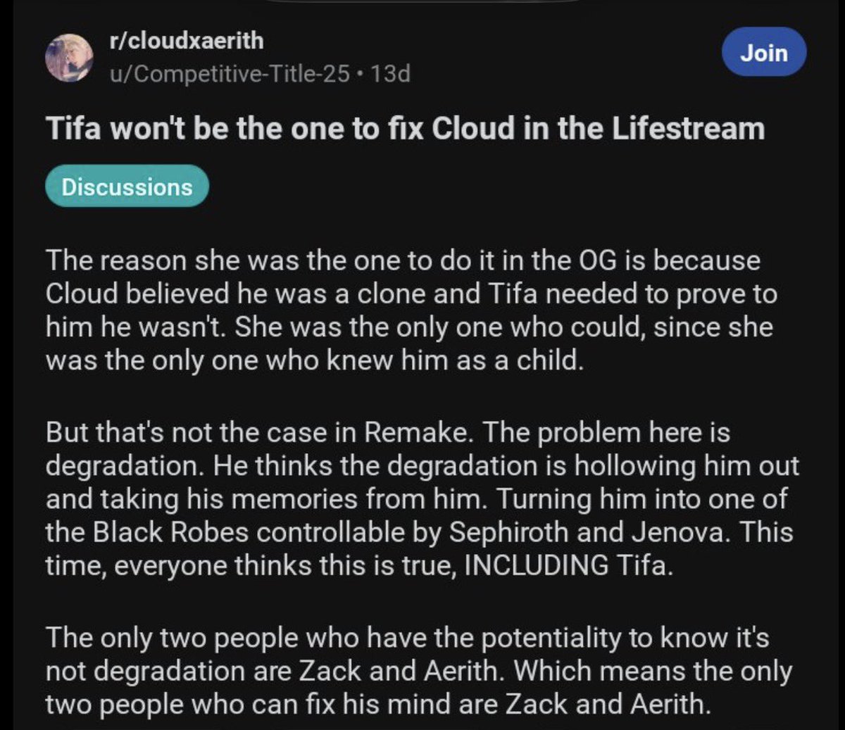 JediJenna's tweet photo. This whole post is hilarious even though I’m focusing on the “Tifa won’t be the one to fix Cloud” bit. Give the whole thing a read as this person scratches their butthole trying to pass Tifa and Zack off to others so they feel okay about CA LMAO #HOAD #HowdThatWorkOutForYou https://t.co/Usa6vGFgdZ