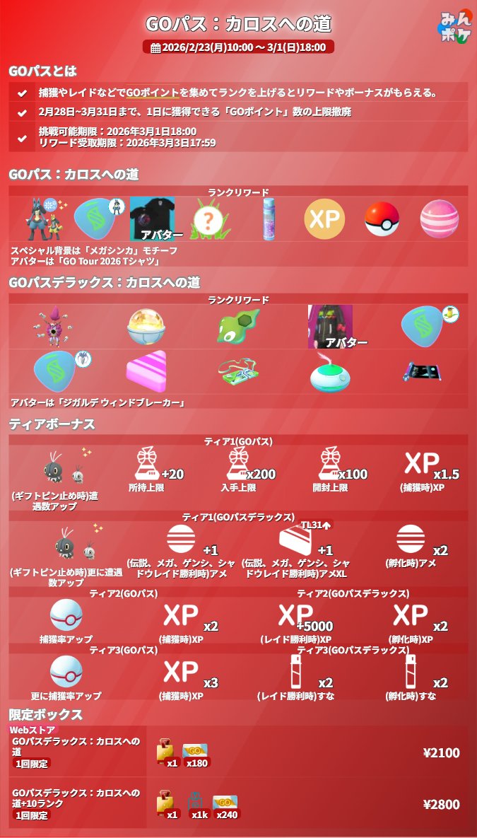 GOパス：カロスへの道】 ⚡開催期間 2/23(月)10:00〜3/1(日)18:00 ✓無料でSP背景付きルカリオと出会える  ✓有料で解き放たれしフーパと出会え、キラチャームも入手できる ✓ティアボーナスでギフトピン止め時のコフキムシとの遭遇数アップ ✓プレミアボールの捕獲率  ...
