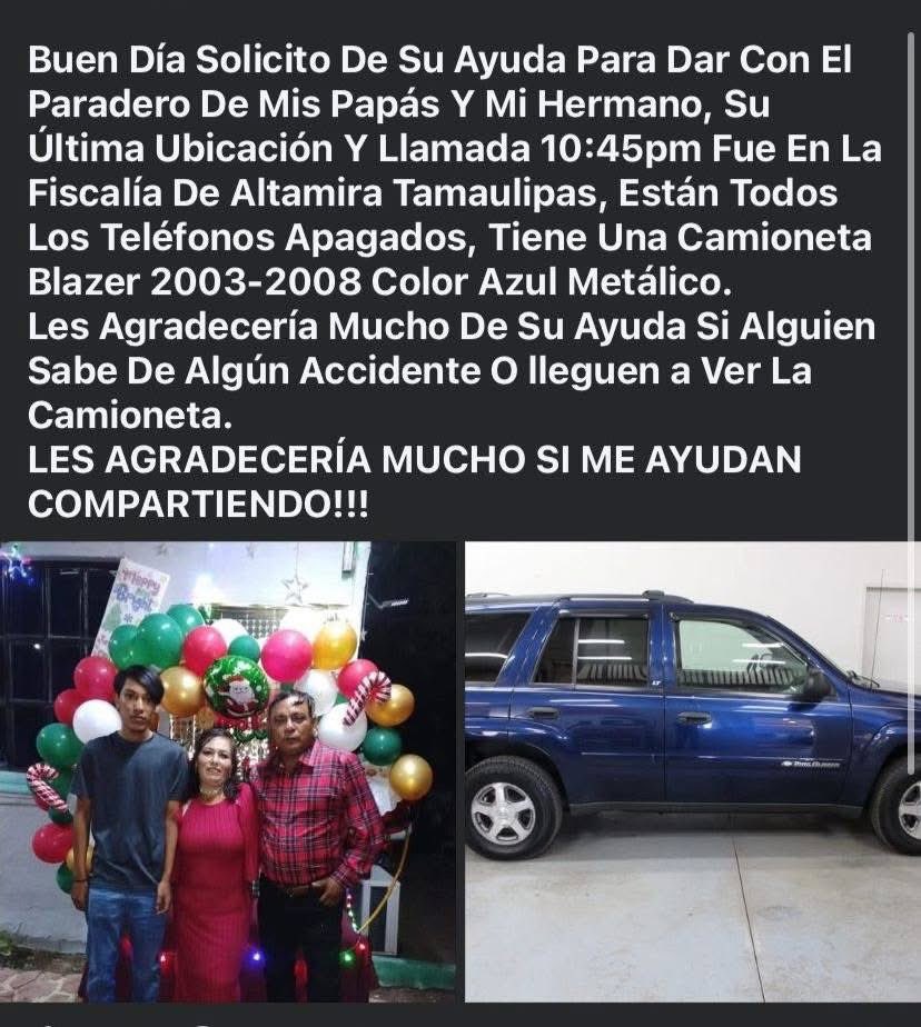 JJDiazMachuca's tweet image. OTRA FAMILIA DESAPARECIDA 

Familia originaria de San Luis Potosí es reportada como desaparecida tras acudir a Fiscalía de Altamira

Altamira, Tamaulipas.–
Una familia originaria de Tamuín, San Luis Potosí, fue reportada como no localizada luego de que la noche del martes…