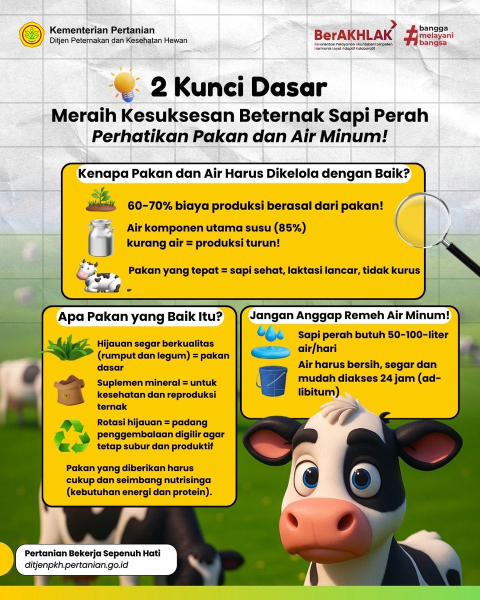 ditjen_pkh's tweet photo. #SobatTernak, Beternak sapi perah sukses dimulai dari hal dasar. Pakan yang tepat dan air minum cukup jadi kunci produksi susu optimal dan ternak tetap sehat.

Yuk, Sobat Ternak, simak infografisnya dan terapkan 2 kunci dasarnya di kandang!
#SwasembadaPangan 
#pakan 
#ditjenpkh https://t.co/7Y3U3zyoe5