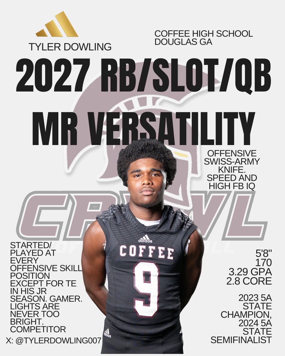 coffee_trojans's tweet image. Coffee Class of 2027 is on Clock!    

2027 ATH Tyler Dowling @tylerdowling007  

5'8" 170    2.8 Core 3.29 Overall
Film: hudl.com/profile/201963…
Dude is a swiss-army knife and produces at any offensive skill position.  High FB IQ.

@scoutSMART_ 

#CRAWL⏐#ALLHAIL⏐#TROJANS⚔️