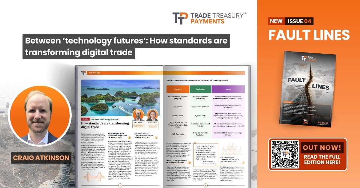 craigaatkinson's tweet photo. My latest, with Dr. Hanane Becha, in Trade Treasury Payments Issue 4, Chapter 3 - Technology

Between ‘Technology Futures’: How Standards are Transforming Digital Trade

Full Magazine:
https://t.co/INp7B2bpxQ

Web Article:
https://t.co/slPKj2mQV6

#digitaltrade #tech #standards https://t.co/BxBJpbv5gd