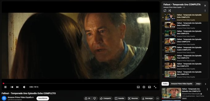 Amazon publico toda la temporada 1 de fallout gratis en youtube
o les pinto la bondad o la serie esta en la B total kjj