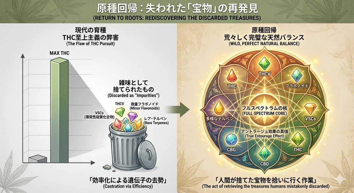 原種回帰とは、
T⚪︎Cの数値を追う過程で雑味として切り捨てられたT⚪︎CVや微量フラボノイドの真価を再発見すること

現代の育種が1%の効率のために去勢してしまった
荒々しくも完璧な天然のバランス
原種回帰とは「人間が勝手にゴミ箱に捨てた宝物」を開いに行く作業なんです

おそようございます🔆