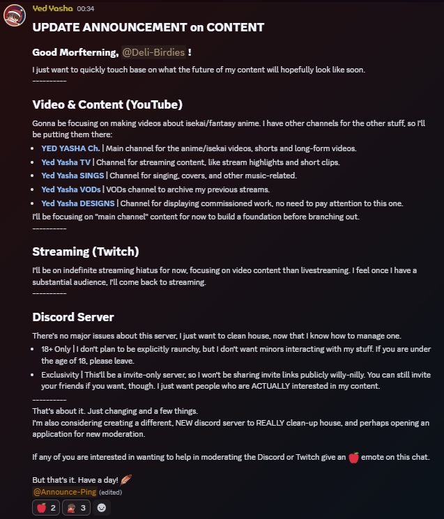 just a lil announcement on the future of my content

tl;dr, will be focusing on YouTube, hiatus-ing streams, Discord's gonna be invite-only