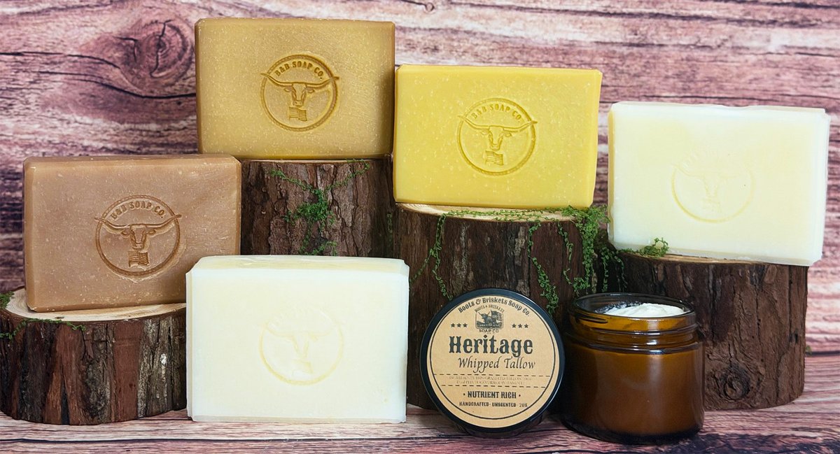BnBSoapCo's tweet photo. Saddle up, soap fans — the new and improved Boots & Briskets line‑up just dropped.

Spent the last few months tightening formulas, dialing in cure times, and refining scents so every bar actually earns its spot in your shower. Grass‑fed tallow, straightforward ingredients, and a little Texas grit in each one.

From unscented Heritage to bolder bars like Whiskey Barrel and Sweet Texas Sunrise, there’s a bar for the office, the job site, and everywhere in between.

Check out the full spread at https://t.co/dUYcLF6h8l and let me know which one you’d ride with first.

#BootsAndBriskets #TallowSoap #VeteranOwned #SmallBatch #grooming  #AustinTexas #Ecommerce #Skincare #MadeInTexas