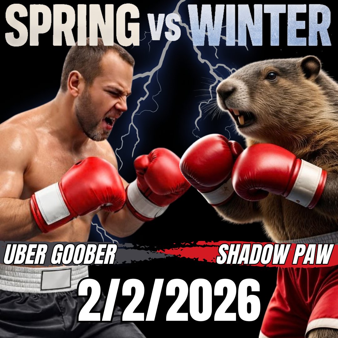 technogoober's tweet photo. 🥊🌤️ REMATCH: 2/2/2026 🌤️🥊
Uber Goober is back after last year’s loss — trained up and ready to face Shadow Paw again. 🐾👑

This fight decides the weather:
🥶 Shadow Paw wins = more winter
🌸 Uber Goober wins = early spring

No judges. Just fists & forecasts.
Who’s your pick? 👇

#UberGoober #ShadowPaw #SpringVsWinter #WeatherWars