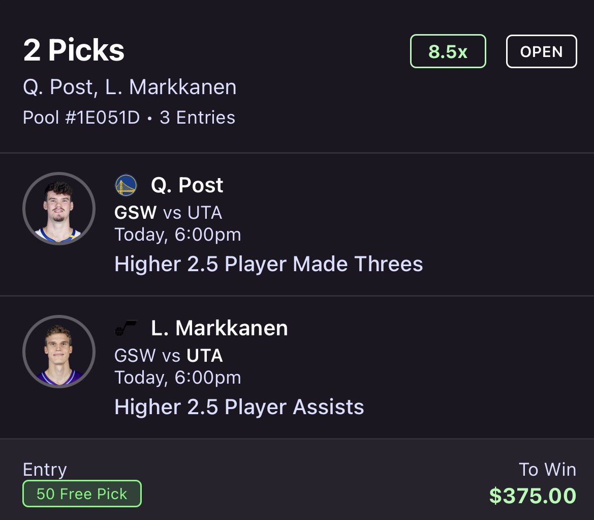 DylPicksGreens's tweet image. Warriors @ Jazz SGP 🏀

A collab with one of the goats in this space ! 🐐 

Taking a couple of wagons in some great spots in what should be the highest scoring game of the night 🔥

• Quinten Post (@FastMoneyPROP) ⚡️
• Lauri Markkanen (@DylPicksGreens) ✳️

Code DYL @OnyxOdds 💜…