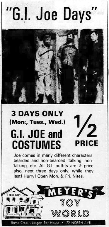 FFFGIJoe's tweet image. Part of a newspaper ad from Meyer's Toy World in the Enquirer and News in Battle Creek MI, published 50 years ago today!
#GIJoe #battlecreek