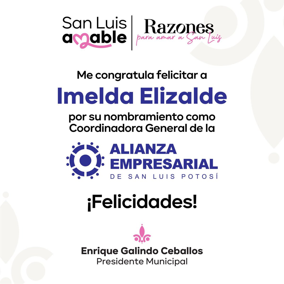 Muchas felicidades a Imelda Elizalde, quien fue nombrada Coordinadora General de la Alianza Empresarial de  San Luis Potosí. Le deseo mucho éxito en esta nueva encomienda. ¡Enhorabuena! 👏🏻