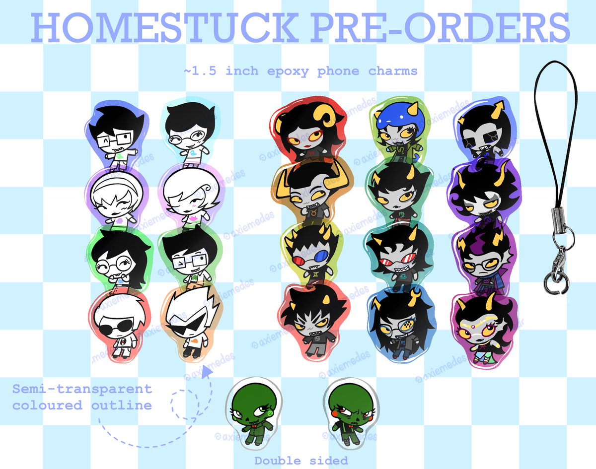 THEY’RE FINALLY FINISHED.

Pre-order for these homestuck phone charms are now available! The pre-orders will go out for about a week. More information below and on the listing : )

🔗⬇️